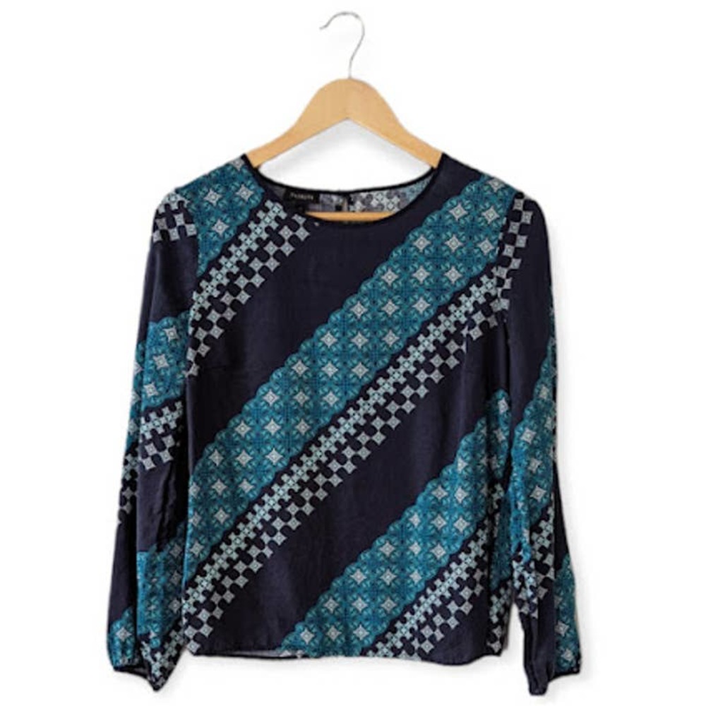Talbots Navy Teal Turquoise White Tencel Lyocell Long Sleeve Top Size Small